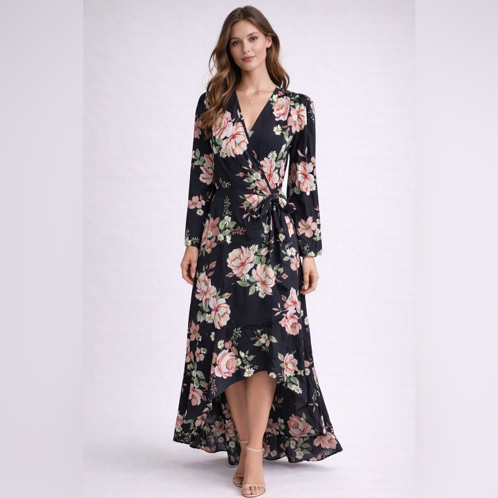 Yumi Kim 100% Silk Floral High-Low Wrap Dress – Black